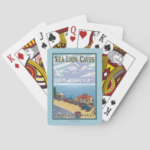 OregonSea Löwe höhlt Vintages Reise-Plakat aus Spielkarten