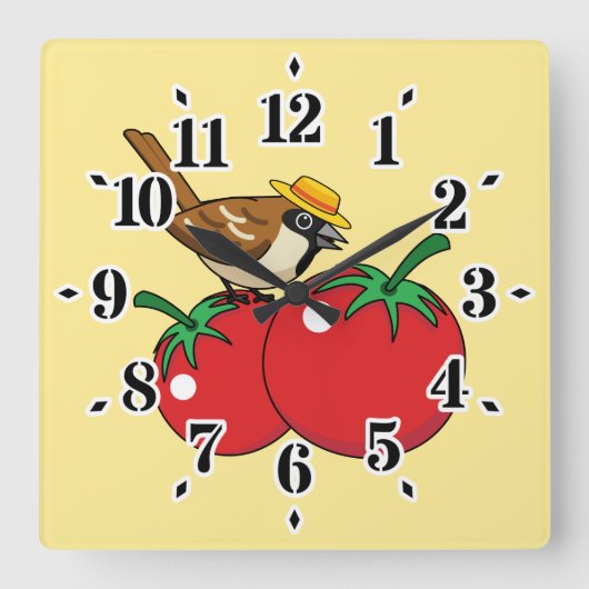 Organic Lover Sparrow Eating Red Tomato Quadratische Wanduhr (Vorderseite)