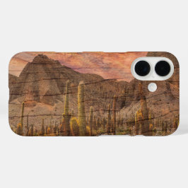 Orgelpfeifenkaktus auf Holzmaserung Sonnenuntergan iPhone 16 Hülle