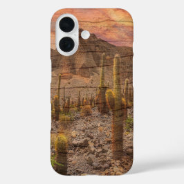 Orgelpfeifenkaktus auf Holzmaserung Sonnenuntergan iPhone 16 Hülle