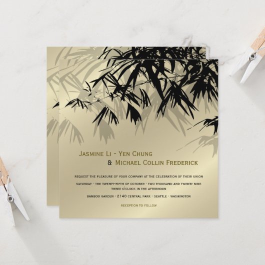 Oriental Bamboo Blätter Black Gold Asian Wedding Einladung (Vorderseite/Rückseite Beispiel)
