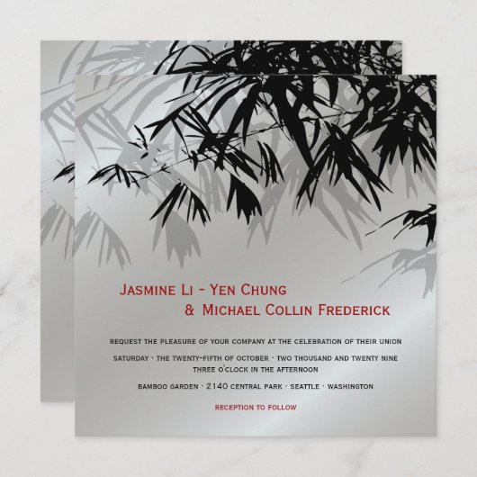 Oriental Bamboo Blätter Black Silver Asian Wedding Einladung (Vorne/Hinten)