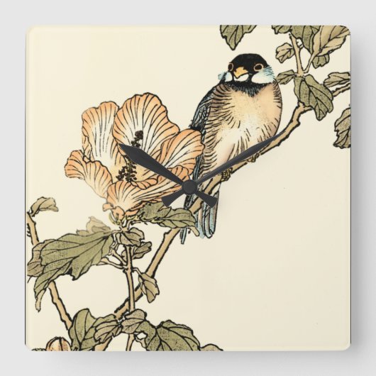 Oriental Bird Perched on Branch Quadratische Wanduhr (Vorderseite)