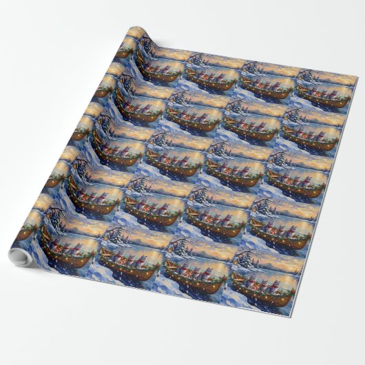 Oriental Blue Cat Christmas Boat Holiday Geschenkpapier (Ungerollt)