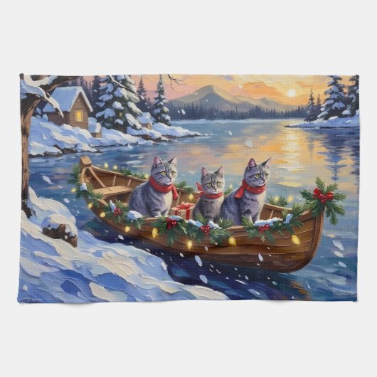 Oriental Blue Cat Christmas Boat Holiday Geschirrtuch (Horizontal)
