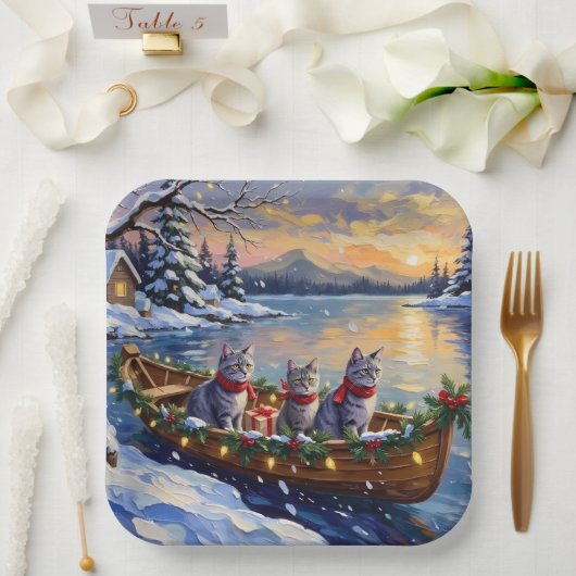 Oriental Blue Cat Christmas Boat Holiday Pappteller (Hochzeit)