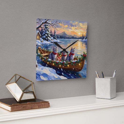 Oriental Blue Cat Christmas Boat Holiday Quadratische Wanduhr (Büro)