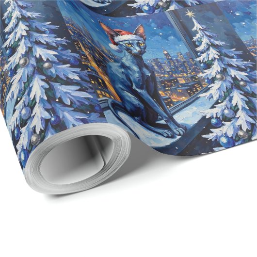 Oriental Blue Cat Christmas High-Rise City Lights Geschenkpapier (Rolleneckpunkt)