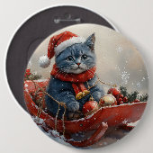 Oriental Blue Cat in Sledge Let it Snow Christmas Button (Vorne & Hinten)