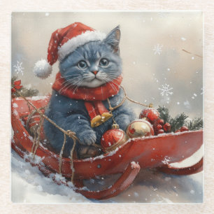 Oriental Blue Cat in Sledge Let it Snow Christmas Glasuntersetzer