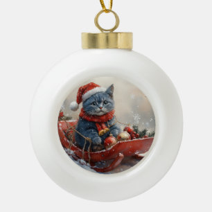Oriental Blue Cat in Sledge Let it Snow Christmas Keramik Kugel-Ornament