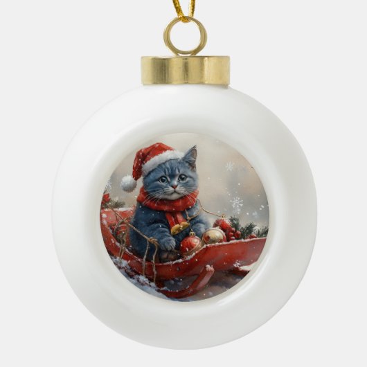 Oriental Blue Cat in Sledge Let it Snow Christmas Keramik Kugel-Ornament (Vorderseite)