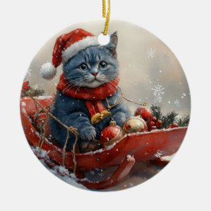 Oriental Blue Cat in Sledge Let it Snow Christmas Keramik Ornament