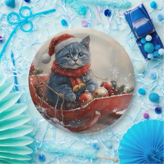 Oriental Blue Cat in Sledge Let it Snow Christmas Pappteller (Party)