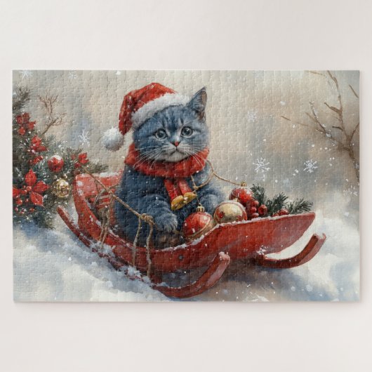 Oriental Blue Cat in Sledge Let it Snow Christmas Puzzle (Horizontal)
