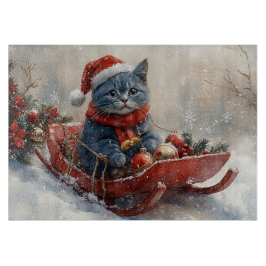 Oriental Blue Cat in Sledge Let it Snow Christmas Schneidebrett (Vorderseite)