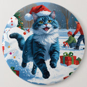 Oriental Blue Cat Sitting in Snow Weihnachtshut Button (Vorderseite)
