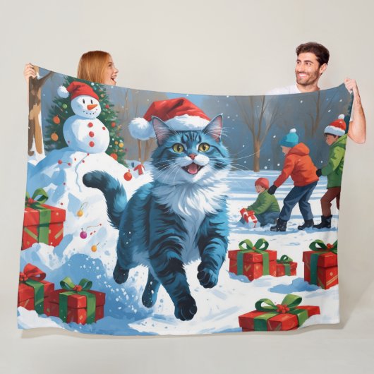 Oriental Blue Cat Sitting in Snow Weihnachtshut Fleecedecke (Beispiel)