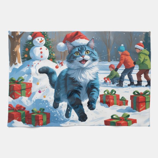 Oriental Blue Cat Sitting in Snow Weihnachtshut Geschirrtuch (Horizontal)