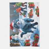 Oriental Blue Cat Sitting in Snow Weihnachtshut Geschirrtuch (Vertikal)