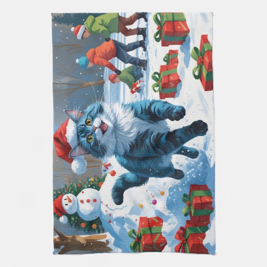 Oriental Blue Cat Sitting in Snow Weihnachtshut Geschirrtuch (Vertikal)