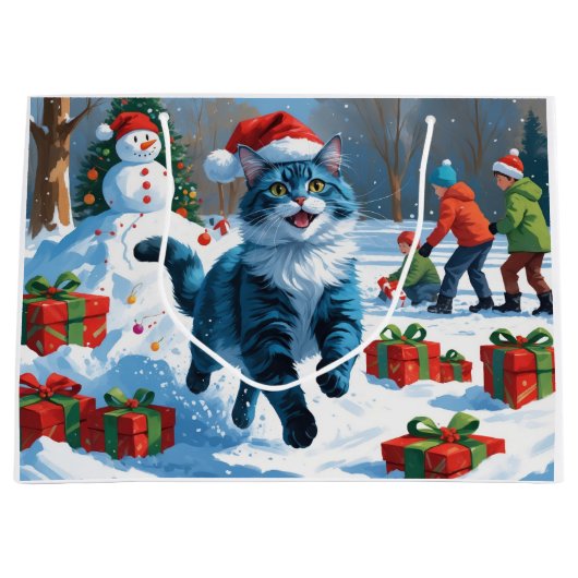 Oriental Blue Cat Sitting in Snow Weihnachtshut Große Geschenktüte (Vorderseite)