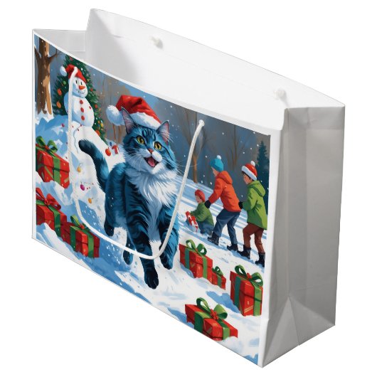 Oriental Blue Cat Sitting in Snow Weihnachtshut Große Geschenktüte (Vorderseite Schrägansicht)