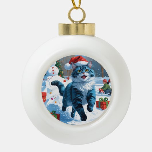 Oriental Blue Cat Sitting in Snow Weihnachtshut Keramik Kugel-Ornament (Vorderseite)