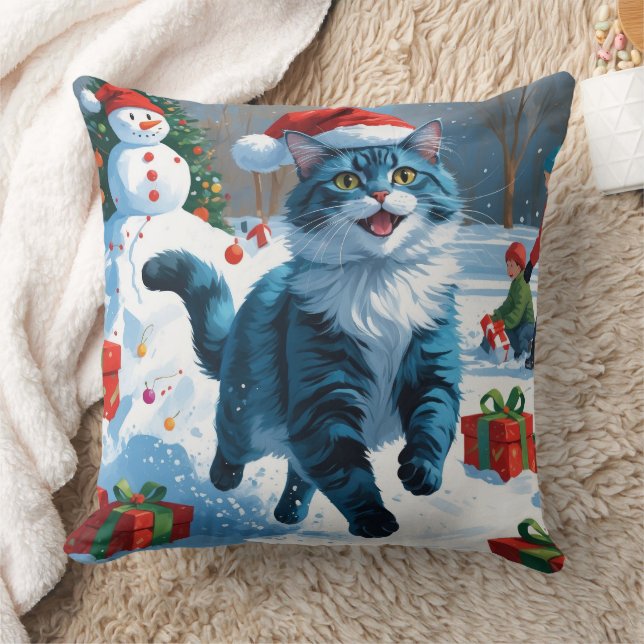 Oriental Blue Cat Sitting in Snow Weihnachtshut Kissen (Decke)