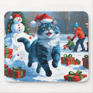Oriental Blue Cat Sitting in Snow Weihnachtshut Mousepad