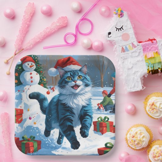 Oriental Blue Cat Sitting in Snow Weihnachtshut Pappteller (Party)