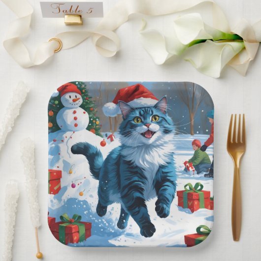 Oriental Blue Cat Sitting in Snow Weihnachtshut Pappteller (Hochzeit)