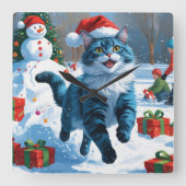 Oriental Blue Cat Sitting in Snow Weihnachtshut Quadratische Wanduhr (Vorderseite)