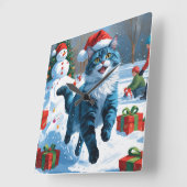 Oriental Blue Cat Sitting in Snow Weihnachtshut Quadratische Wanduhr (Winkel)