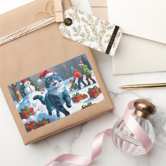 Oriental Blue Cat Sitting in Snow Weihnachtshut Rechteckiger Aufkleber (Schenken)