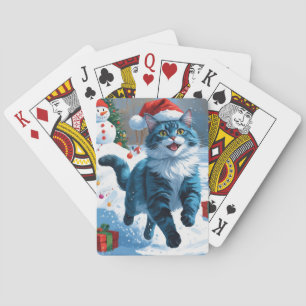 Oriental Blue Cat Sitting in Snow Weihnachtshut Spielkarten