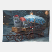 Oriental Blue Cat Snowy Sleigh Weihnachtsdekor Geschirrtuch (Horizontal)