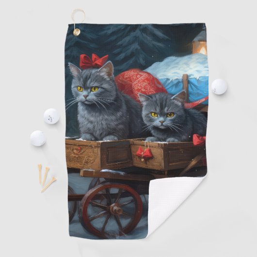 Oriental Blue Cat Snowy Sleigh Weihnachtsdekor Golfhandtuch (Insitu)