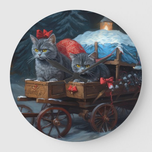 Oriental Blue Cat Snowy Sleigh Weihnachtsdekor Große Wanduhr (Vorderseite)