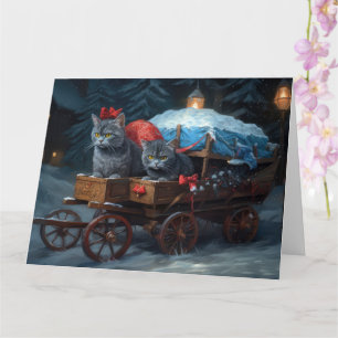 Oriental Blue Cat Snowy Sleigh Weihnachtsdekor Karte