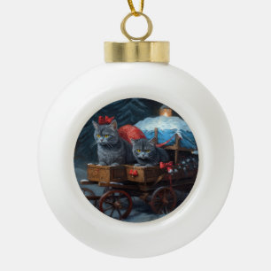 Oriental Blue Cat Snowy Sleigh Weihnachtsdekor Keramik Kugel-Ornament