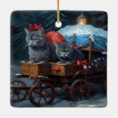 Oriental Blue Cat Snowy Sleigh Weihnachtsdekor Keramikornament (Rückseite)