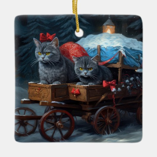 Oriental Blue Cat Snowy Sleigh Weihnachtsdekor Keramikornament (Vorderseite)