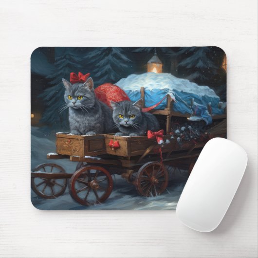 Oriental Blue Cat Snowy Sleigh Weihnachtsdekor Mousepad (Mit Mouse)