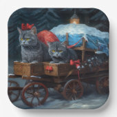 Oriental Blue Cat Snowy Sleigh Weihnachtsdekor Pappteller (Vorderseite)
