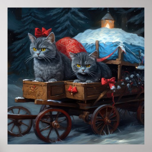 Oriental Blue Cat Snowy Sleigh Weihnachtsdekor Poster (Vorne)