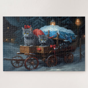 Oriental Blue Cat Snowy Sleigh Weihnachtsdekor Puzzle