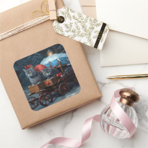 Oriental Blue Cat Snowy Sleigh Weihnachtsdekor Quadratischer Aufkleber