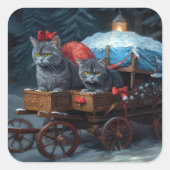 Oriental Blue Cat Snowy Sleigh Weihnachtsdekor Quadratischer Aufkleber (Vorderseite)