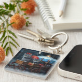 Oriental Blue Cat Snowy Sleigh Weihnachtsdekor Schlüsselanhänger (Vorderseite rechts)